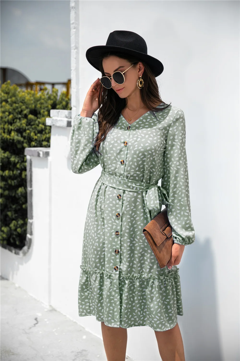 

Women Robe Femme Spring Autumn Dot Print A-Line Dresses Single-Breasted Ruffles V-Neck Long Sleeve Slim Dress For Woman Vestido