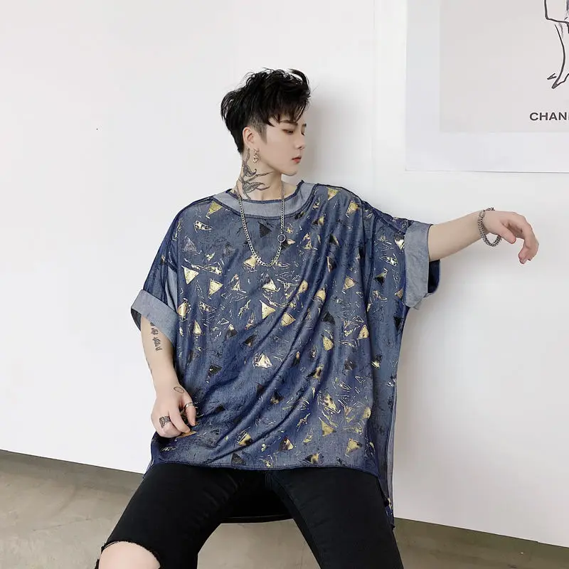 

IEFB 2021 Summer Bronzing Pattern Patchwork Design Round Neck Men's Short Sleeve T-shirt Oversized Pullover Tee Tops New 9Y6401