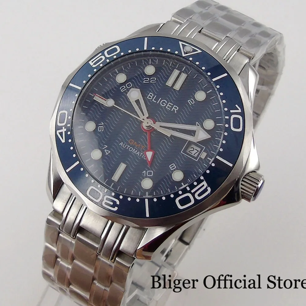 

BLIGER Sea Blue 41mm Automatic Men Watch GMT MINGZHU 3804 Steel Bracelet Ceramic Insert Screw Crown Flat Sapphire