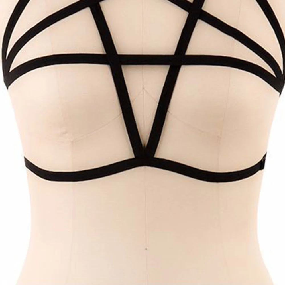 

Women Hollow Pentagram Strap Adjustment Harness Bra Gothic Punk Black Bra Sexy Dark Women Bra