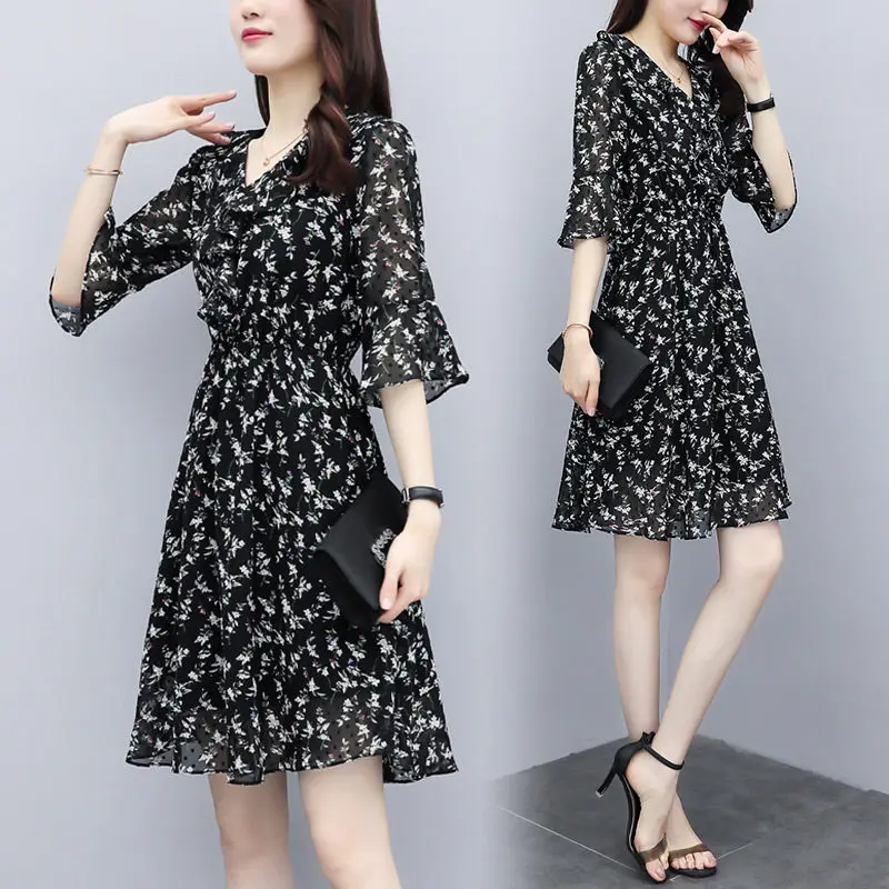 

Женское шифоновое платье с цветочным принтом, Стройное Повседневное платье с полурукавами, модель K519 на лето, 2020