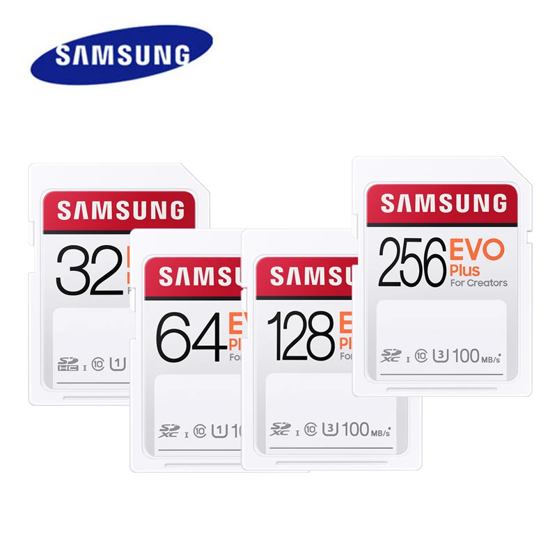

SAMSUNG EVO Plus SD Card 32GB 64GB 128GB 256GB U1 U3 SDHC SDXC CLASS10 100MB/S UHS-I 4K and FHD Video Camera Memory Cards