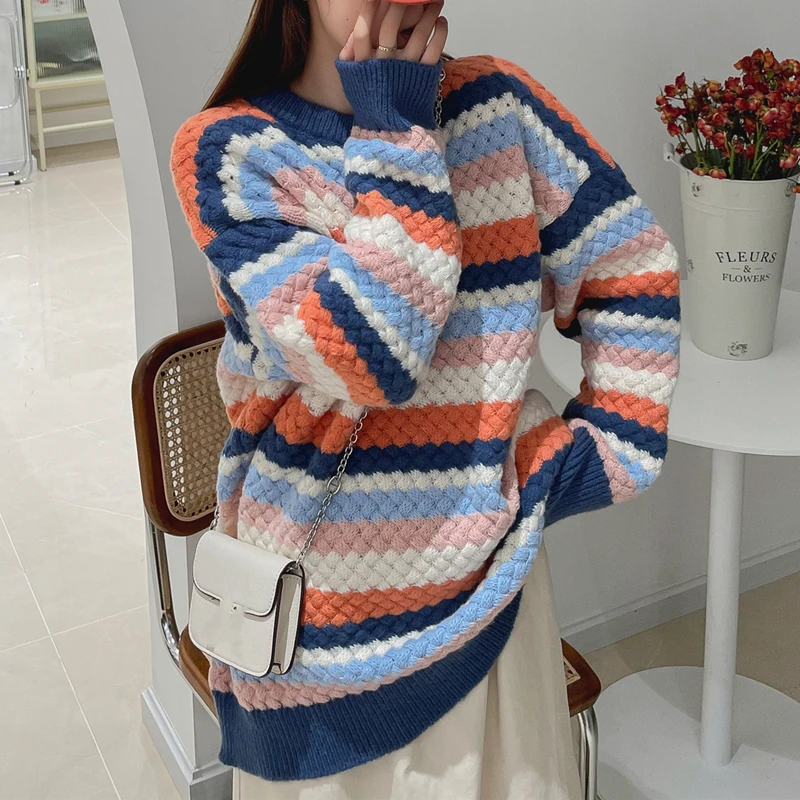 

Новинка Осень-зима 2021 пуловер вязаный свитер модная цветная подходящая полосатая теплая Свободная блузка