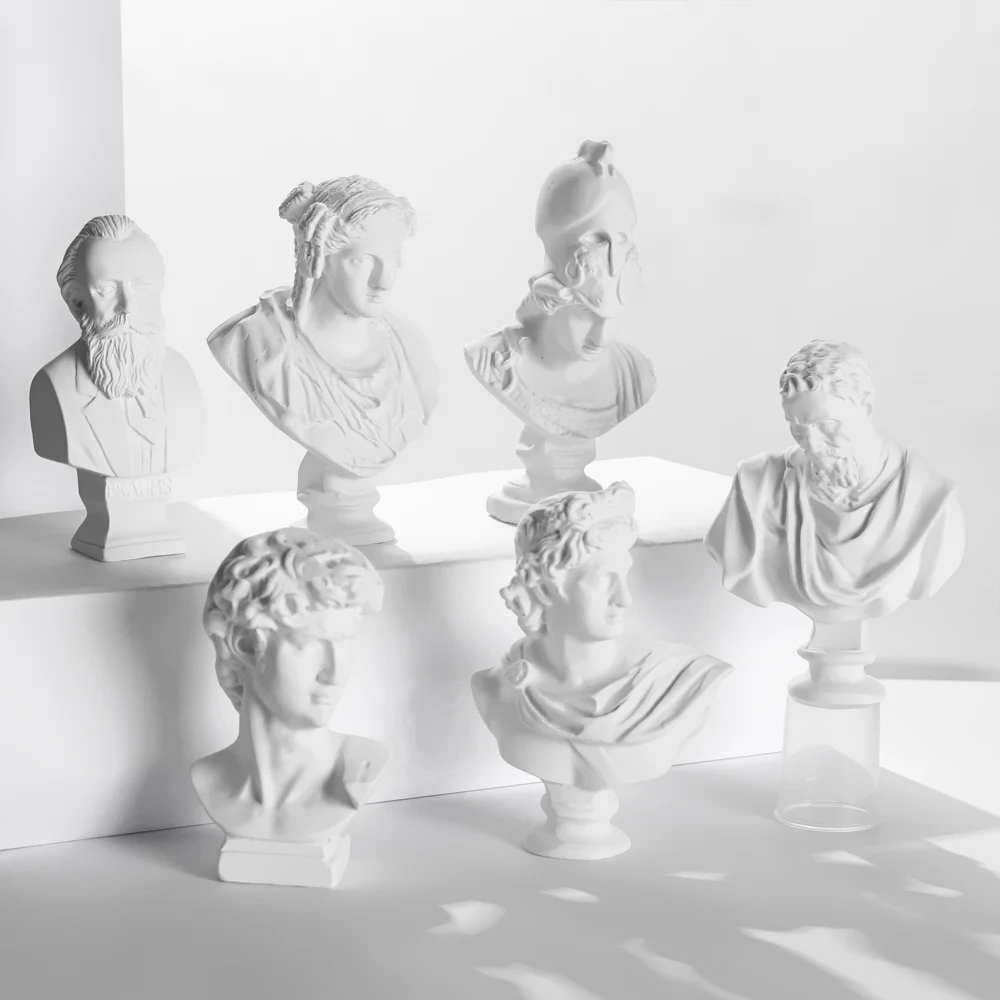 

Mini Nordic Style Gypsum Bust Portraits Celebrities Plaster Figurine Drawing Practice Greek Mythology Sculpture Desktop Crafts