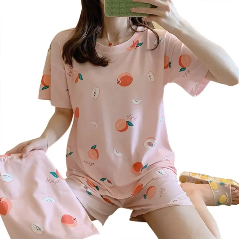 

Женский пижамный комплект с рисунком листьев и животных, топ с коротким рукавом и штаны, одежда для сна X3UE