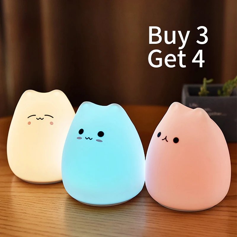 

4pcs LED Night lamp decorate desk dream sleep light battery cute cat 7colour holiday creative rechargable bulb for kid bedroom