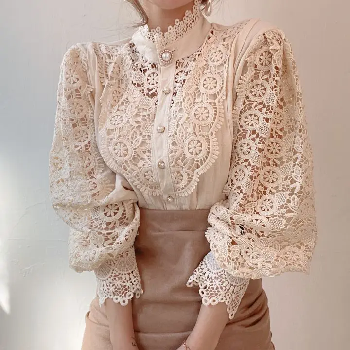 

Chic Button Hollow Out Flower Lace Patchwork Shirt Stand Collar All-match Femme Sleeve Women Blouses