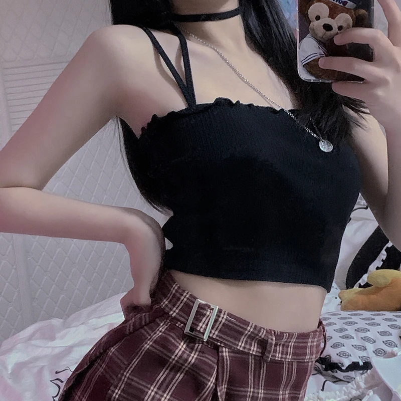 Camisoles женские летние трикотажные короткие топы с двойными бретельками на