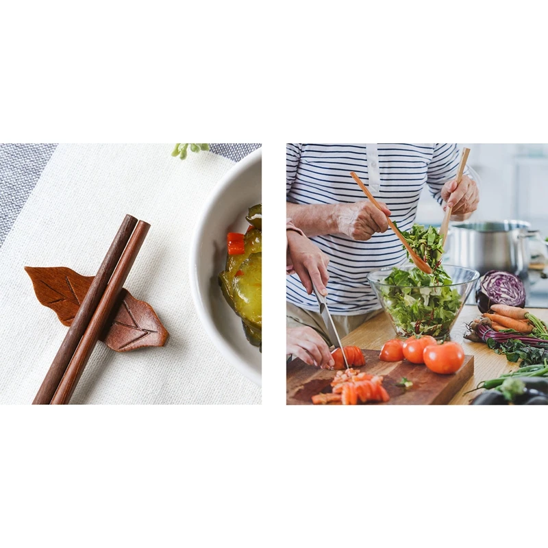 

6Pcs Wood Leaf Shape Chopsticks Rest Dinner Spoon Holder With 8Pcs Mixing Long Handle Wooden Spoons ,13 Inches Long