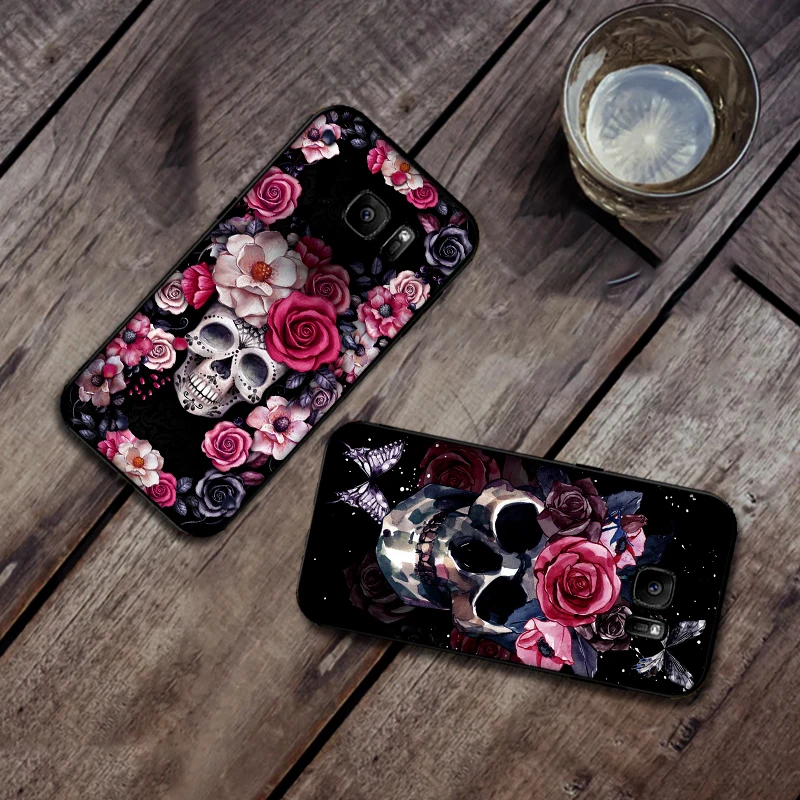 Art rose skull Soft Silicone Phone Case For Samsung S6 S7 Edge S8 S9 S10 PLUS NOTE 8 9 M10 20 30 Back Cover | Мобильные телефоны и