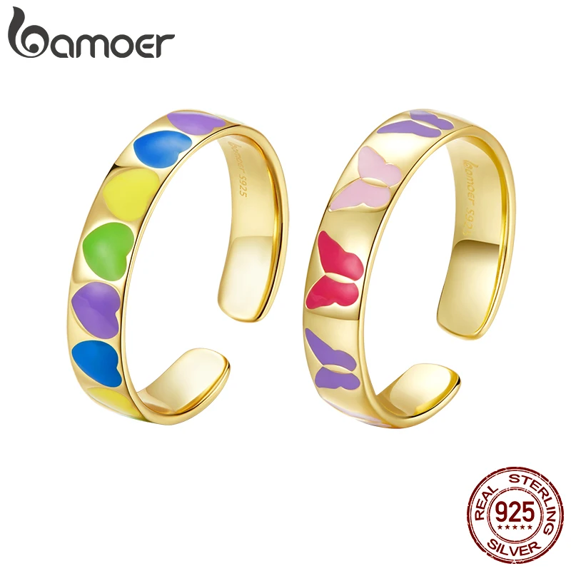 

BAMOER Colored Butterfly & Heart Open Ring 925 Sterling Silver Stackable Rainbow Finger Ring for Women Fine Jewelry Wedding Gift