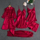 Пижама женская из искусственного шелка, комплект из 5 предметов, халатик, атласная одежда для отдыха с кружевом, пикантная ночная рубашка, домашняя одежда