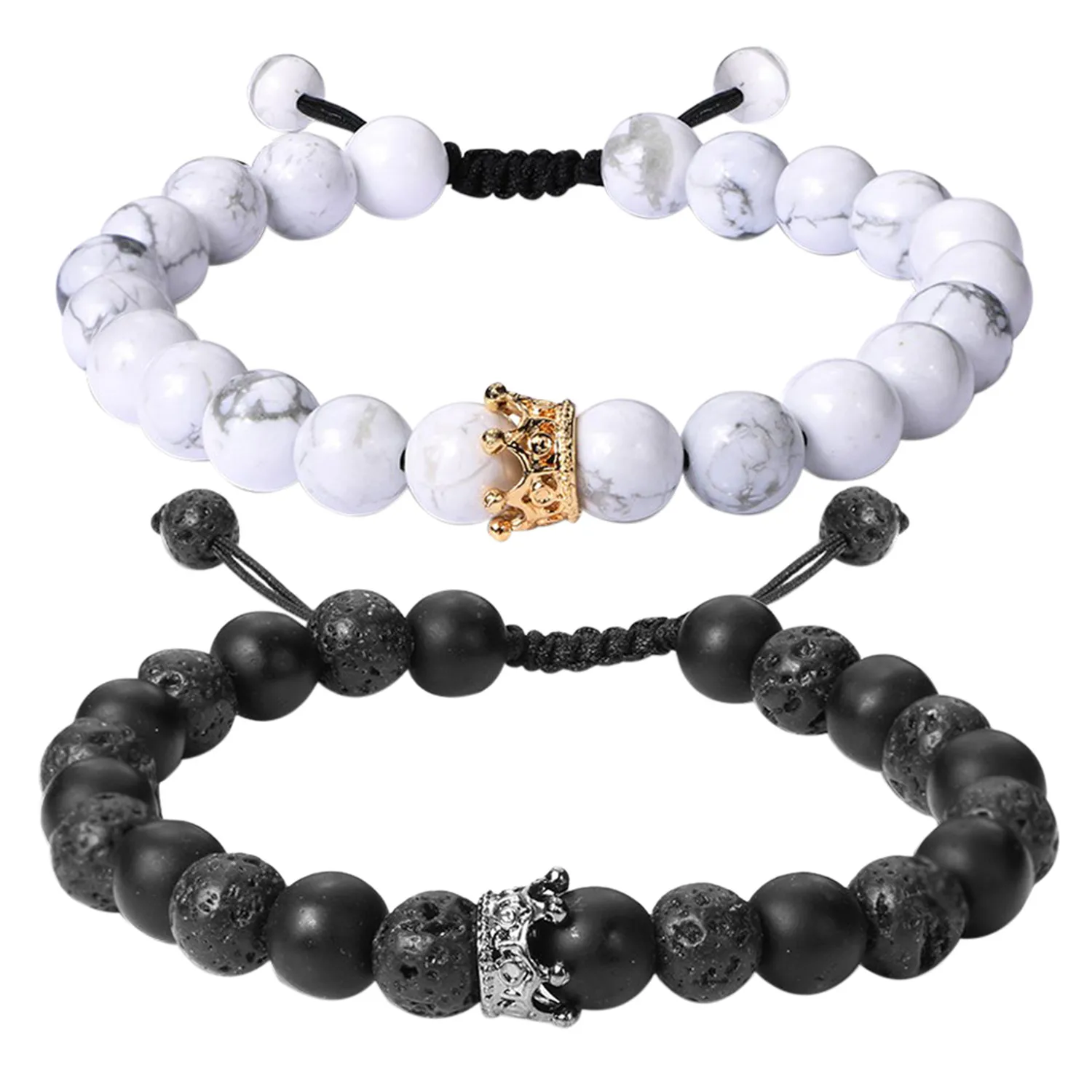 

Браслеты BONISKISS для пар, бусины с диффузором, корона, королева, Матовый Агат и белый лавовый камень Howlite, регулируемые браслеты, подарок