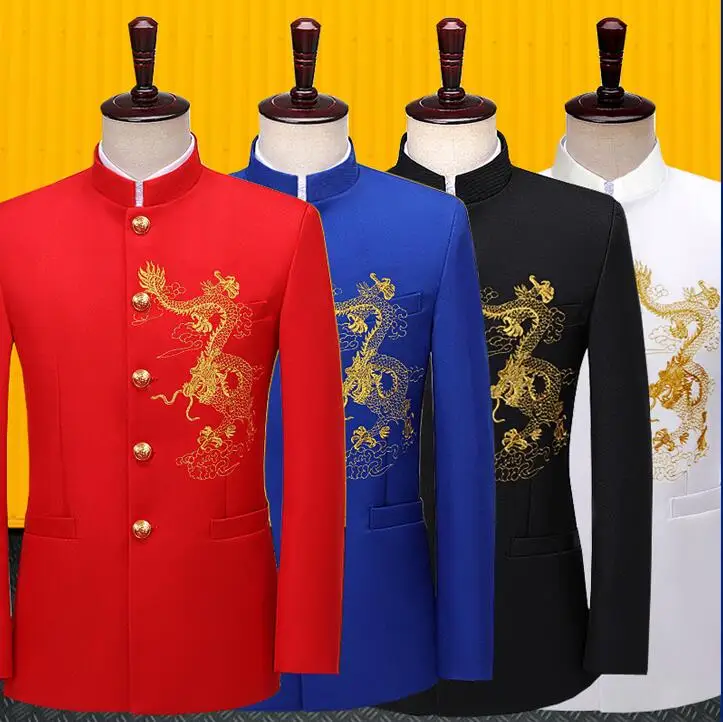 Embroidery blazer men Chinese tunic suit jackets formal dress mens wedding Tang suit Stand collar singer stage Chinese style