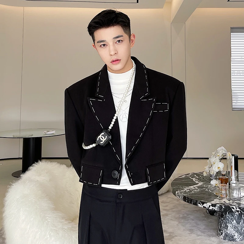 

Man Brand Fashion Show Handwork Linen Streetwear Chic Trend Loose Casual Suit Coat Blazers Men Woolen Short Blazer Suit Jacket
