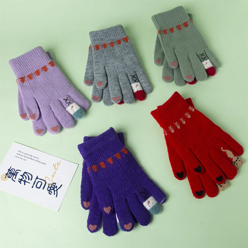 

Теплые зимние трикотажные перчатки с пальцами, варежки, женские милые Мультяшные кошки, перчатки для сенсорного экрана, раньше