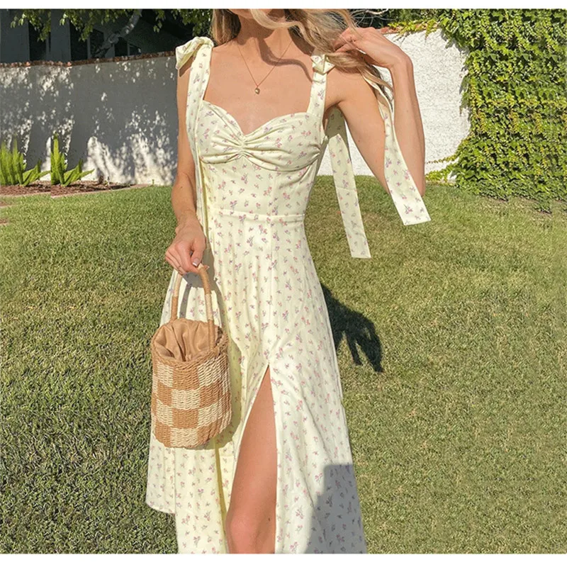 

Yellow Print Dress Women Sexy Side Split Floral Ladies Dress Summer Sleeveless Tie Up Bow Strap Elegant Midi Dresses Casual
