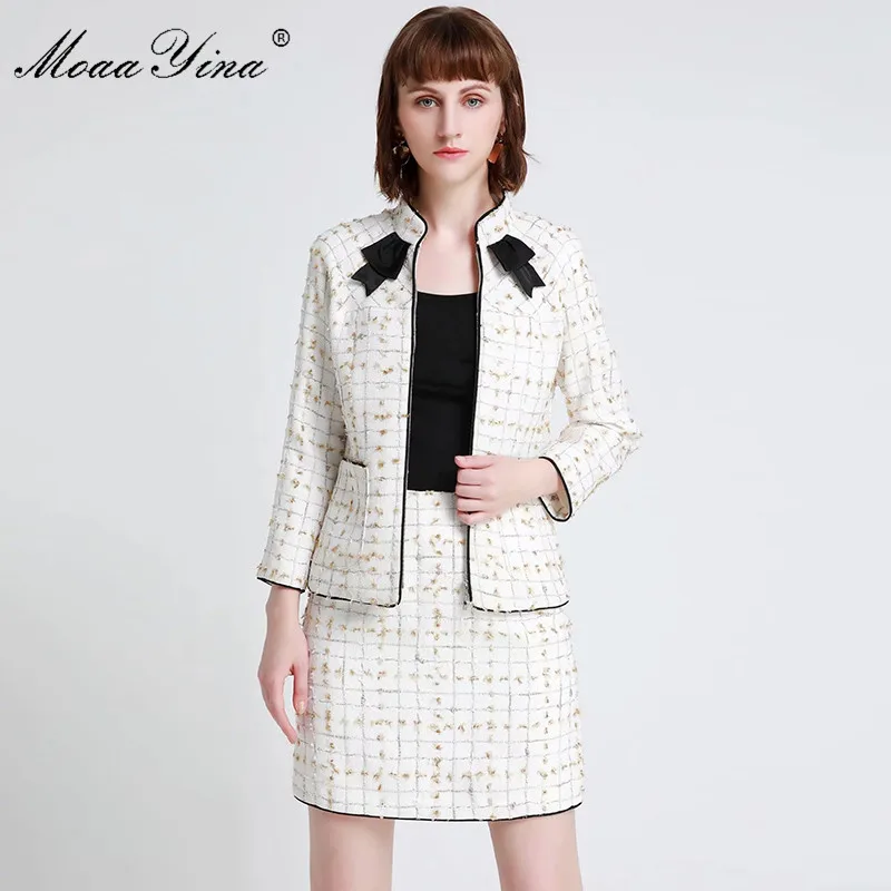 MoaaYina Fashion Designer Runway Suit Spring Women Long sleeve Plaid Elegant Tops+Short skirt high quality Two-piece set | Женская