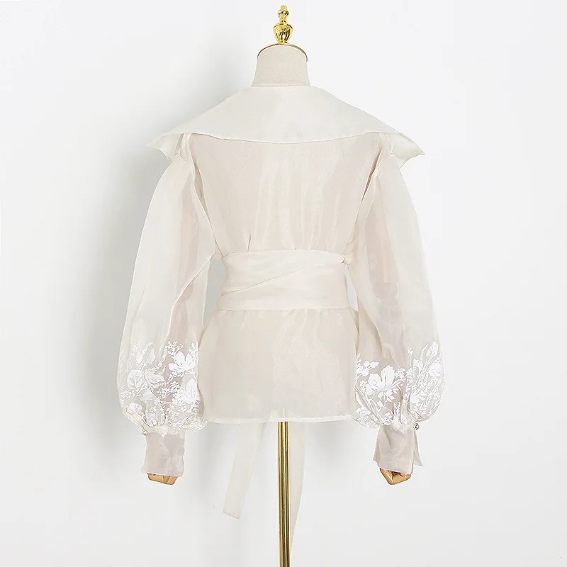 Europe and America 2020 summer new style niche style sexy V-neck lantern sleeves heavy embroidery thin retro blouse shirt women