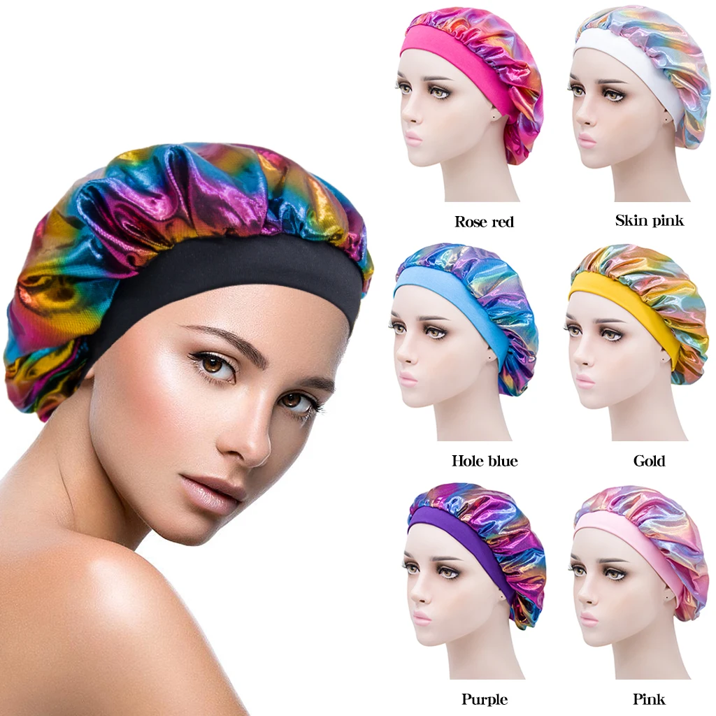 

2021 New Fashion European And American Style Large Color Colorful Cap Wide Brim High Elastic Satin Laser Adult Unisex Night Hat