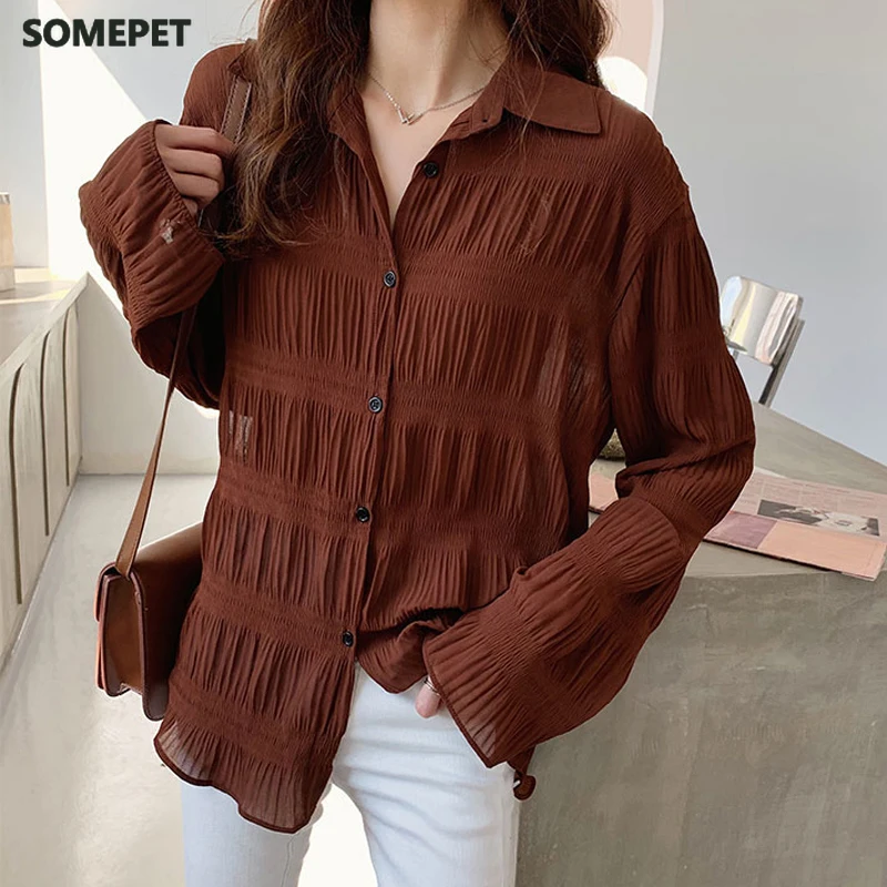 

New Spring Vintage Elegant Women Chiffon Blouses Casual Long Sleeve Blusas Femme Turn-down Collar Solid Shirts Female Tops