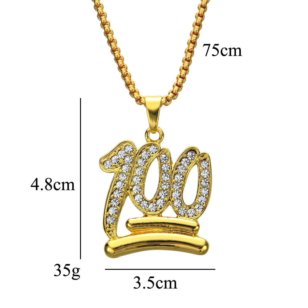

Hip Hop Gold Color Bling Iced Out Rhinestone 100 Points Pendants Necklaces for Men Rapper Goth Jewelry Drop Shipping