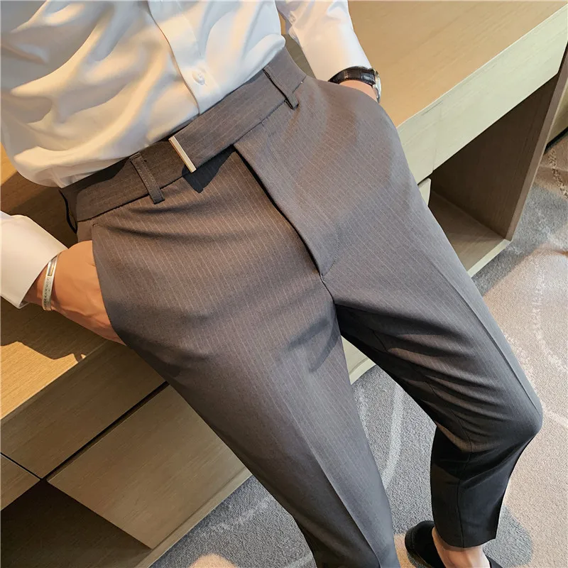 

3Colors Plus Size Spring Autumn Men Dress Suit Pants Korean Slim Fit Business Formal Wear Striped Office Trousers Casual Sale
