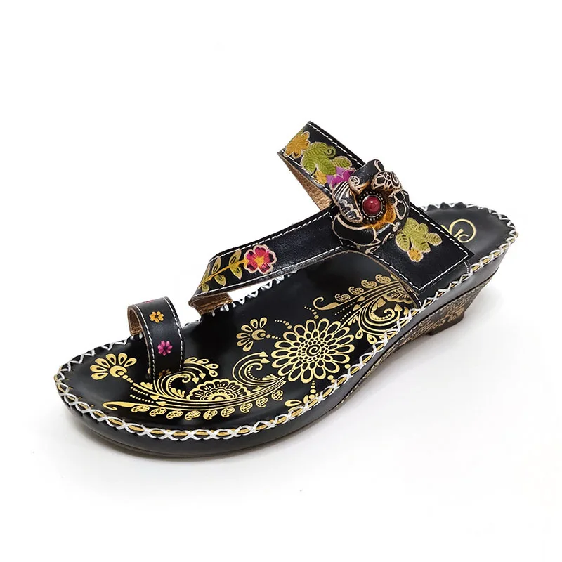 

Johnature Women Slippers Summer Slides Genuine Leather Women Shoes Hand-painted 2021 New Wedges Sewing Handmade Ladies Slippers