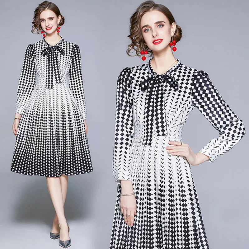 

2020 Autumn Winter Women Runway Designer Bow Neck Gradient Color Polka Dot Dress Elegant Vintage Party Midi Dress Vestidos