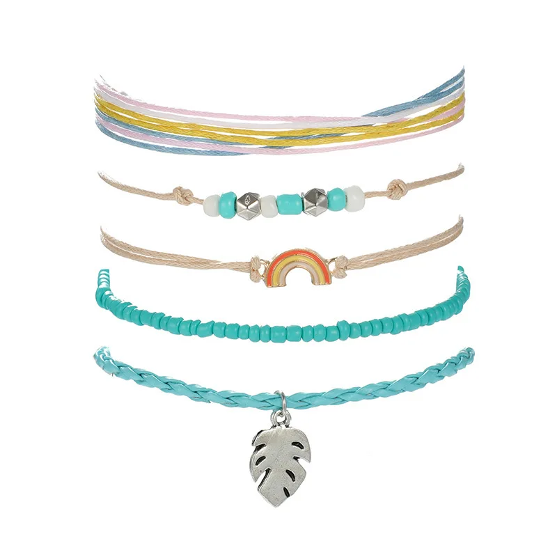 

New Fashion 5-piece Bracelet Hand Woven Personalized Color String Rice Bead Leaf Rainbow Bracelet Bangles for Women Men Jewelry