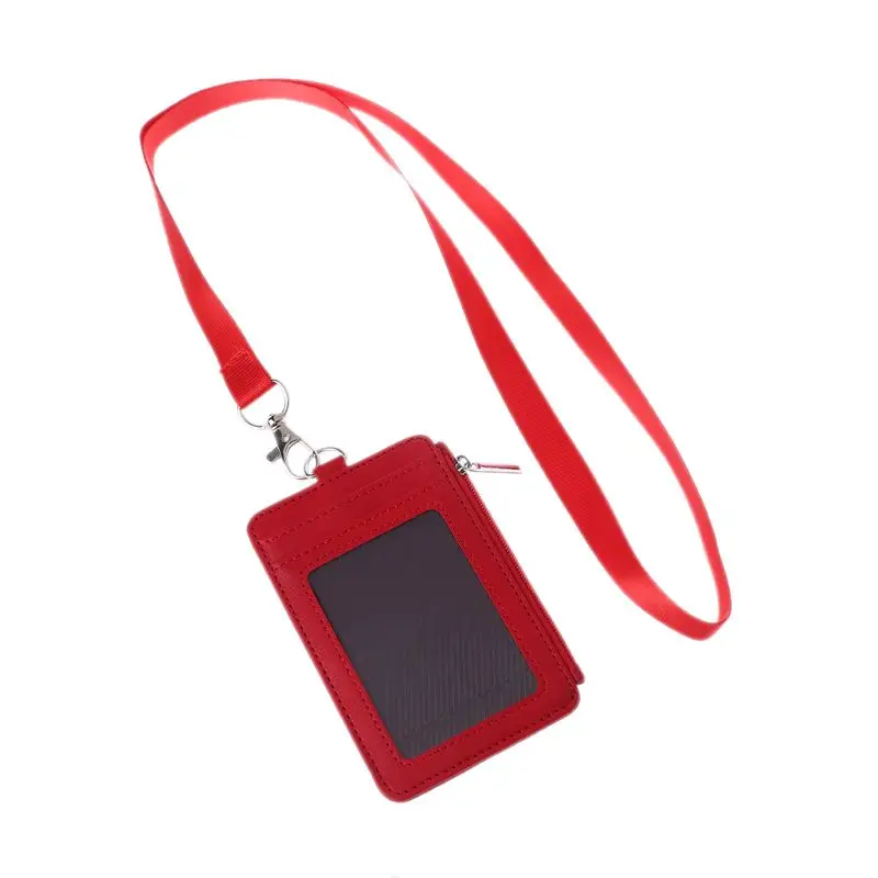 

Leather ID Badge Cards Holder Lanyard Credit Card Case Business Organizer Bag J60D