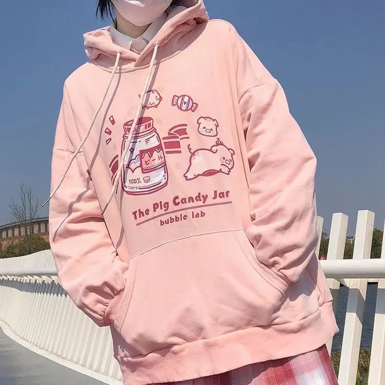 Японская розовая Милая толстовка Женская весенне-осенняя Новая повседневная в