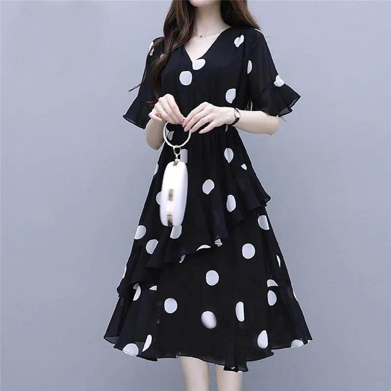Plus Size Dress Women Fashion Summer V-Neck Knee Length Short Sleeve Wave Point Elegant Temperament Vestidos Mujer | Женская одежда