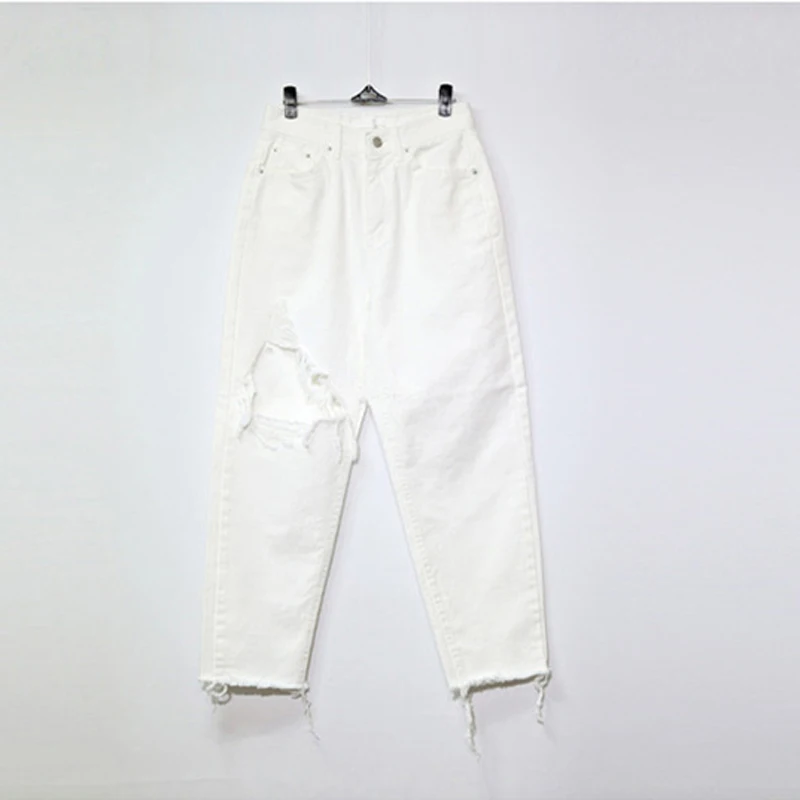

BornSra White Jeans for Women High Waist Ripped Hole Fringe Hem Female Harem Denim Jeans 2019 Streetwear Women Denim Trousers