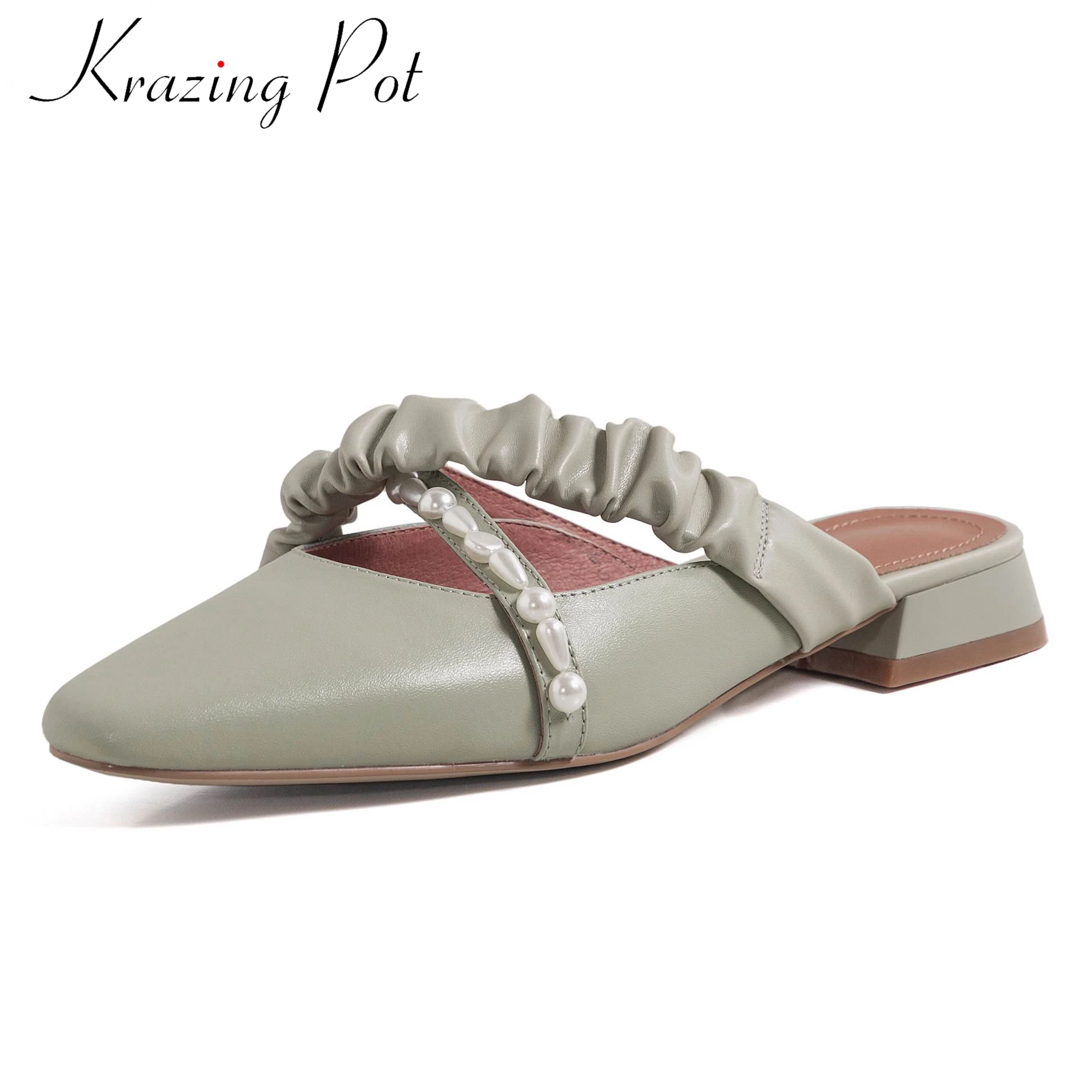 

Krazing pot full grain leather pearl beading square toe soft cozy vintage low heels mules slip on gorgeous outside slipper L13