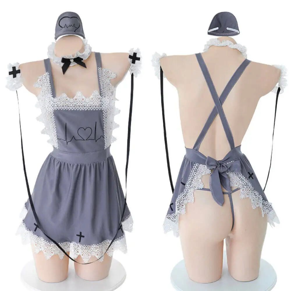 

Nurse Uniform Sexy Lingerie Suit Sets Apron Lace Underwear with Hairband Towing Rope Bracelet 5 in 1