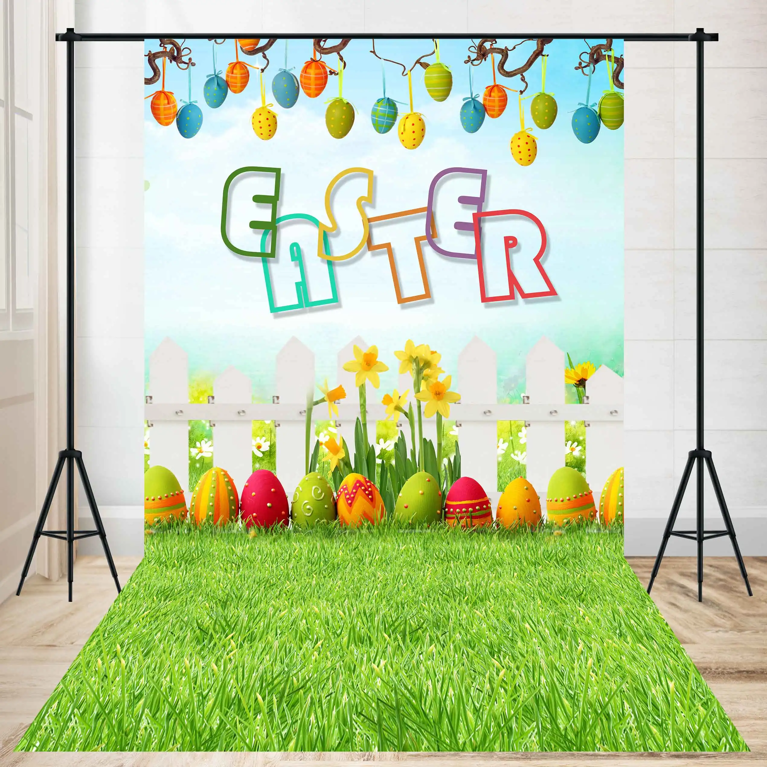 

Party Backgrounds Spring Easter Day Flowers Blue Sky Small Yellow Flowers Baby Backdrop Fence Eggs Daisy Child Photo Photography