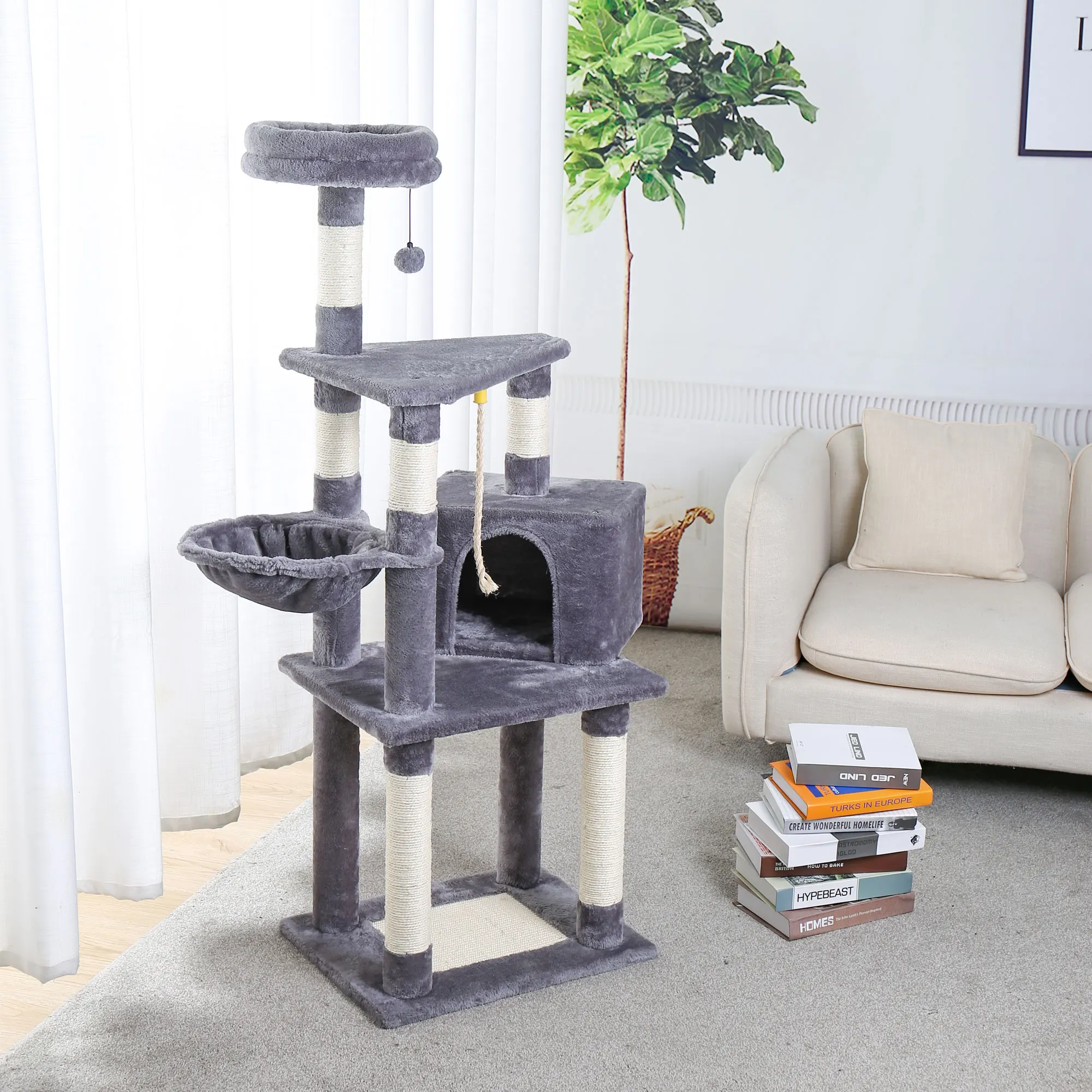 

53 Inches Cat Tree Cat Condo With An Large Scratching Pad Basket Supported By Two Posts