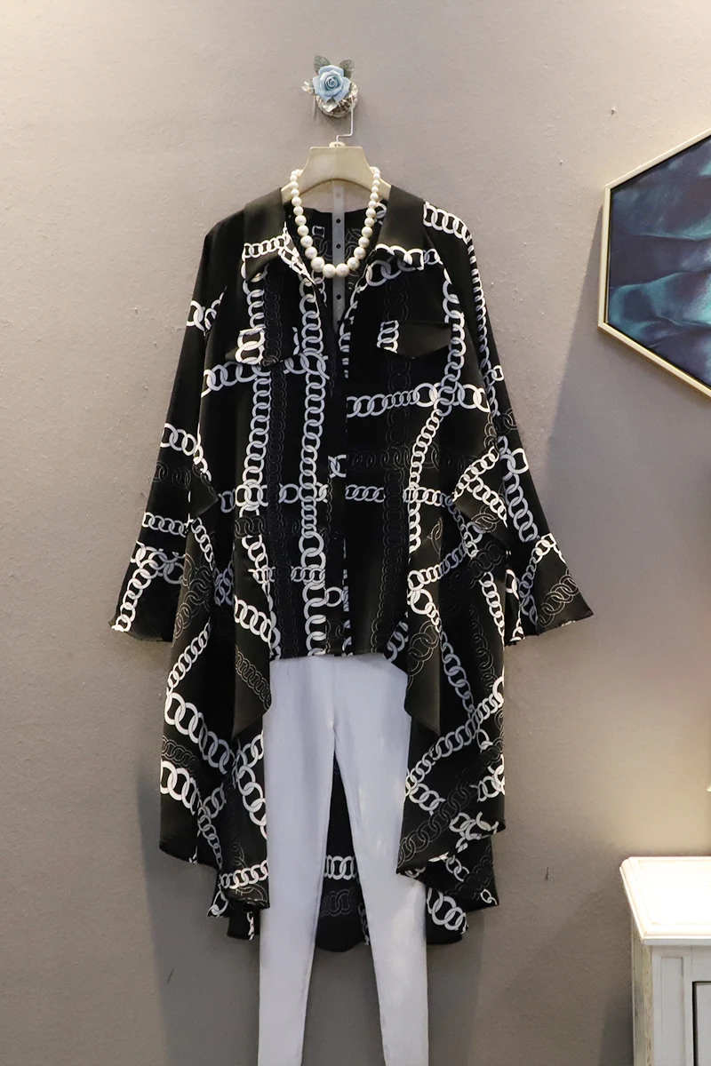 

QING MO Black White Women Funny Printed Blouse 2021 Sring Women Front Short Back Long Blouse Female Irregular Blouse ZQY6231