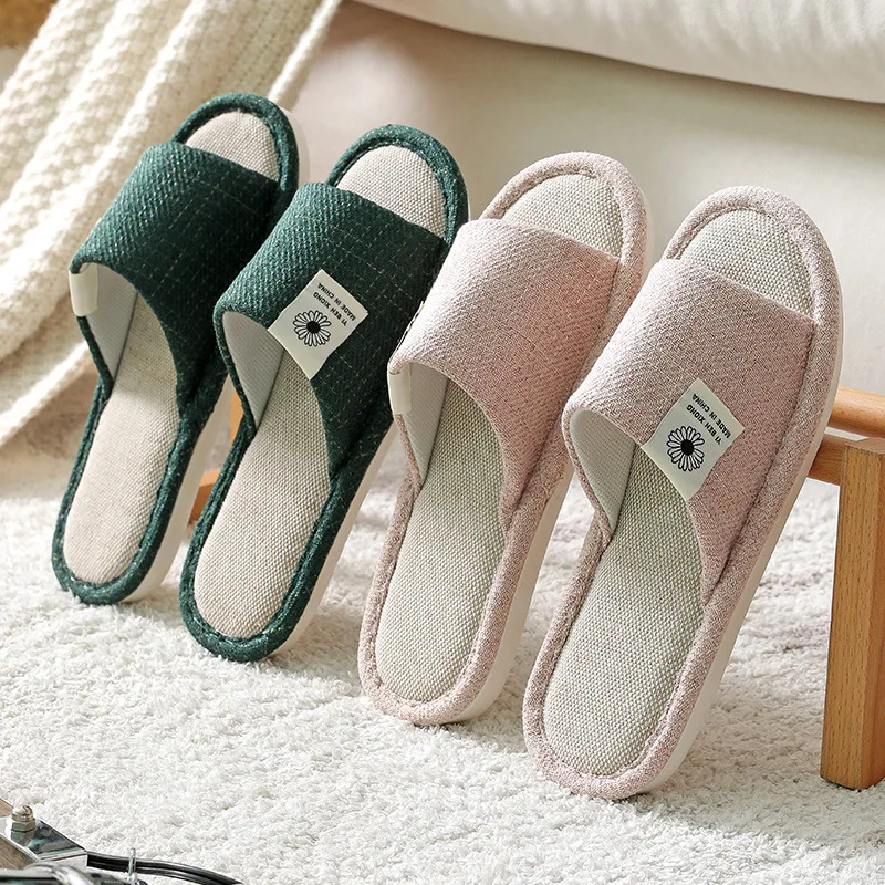 

Couple Linen Slippers For Women Floor Indoor Summer Shoes Cotton Mute Home slipper Women Non-slip Japanese Stylish Slides Solid