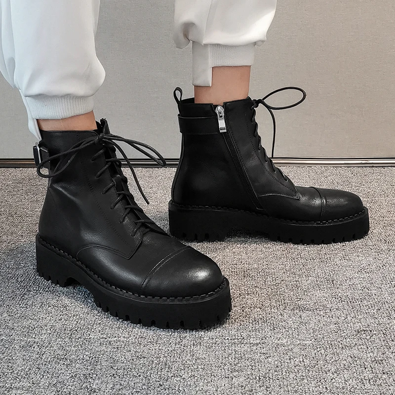 Harga Besar Ukuran 34-40 Kulit Asli Platform Boot Baru Musim Gugur Wanita Cahaya Nyaman Chunky Sepatu Fashion Renda Wanita Sepatu Alas Kaki