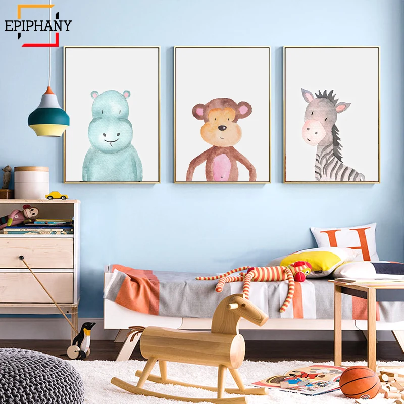 Бегемот принт для детской слон жираф Лев акварель животное холст живопись