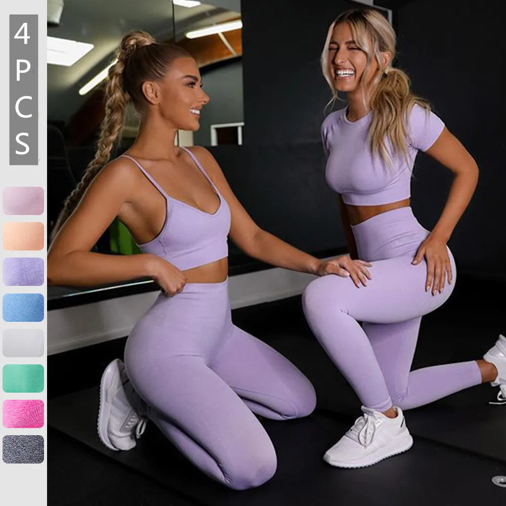 

4PCS Seamles Sport Set Women Purple Two 2 Piece Crop Top T-shirt Bra Legging Sportsuit Workout Outfit Fitness Wear Yoga Gym Sets
