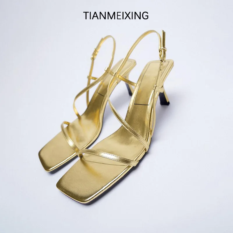 

Сандалии женские на высоком каблуке, с металлическим слоем, с пряжкой