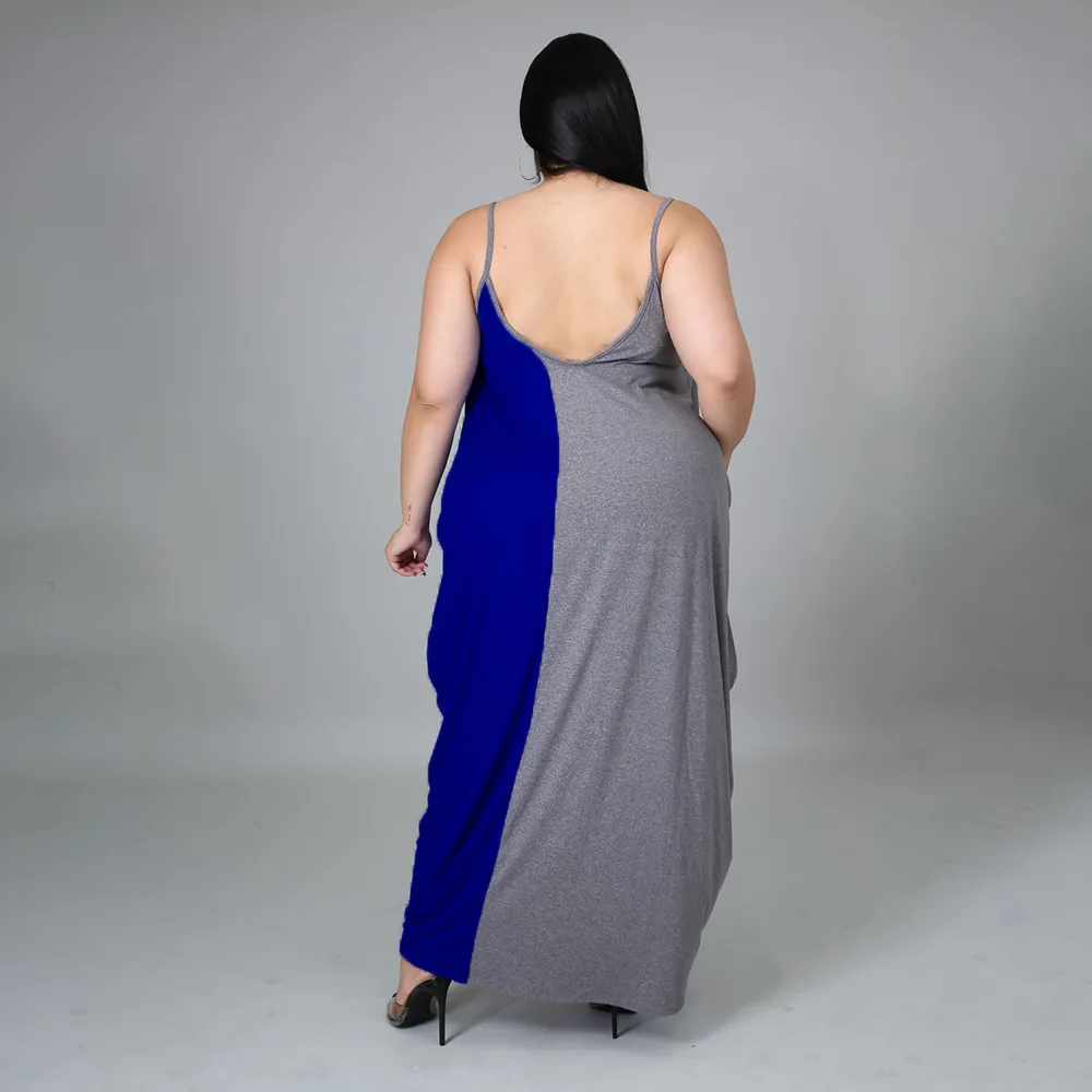 

HAOOHU Casual Plus Large Big Size Backless Halter Sling Long Dresses Woman Summer 2021 Ladies Color-Block O-Neck Irregular Hem