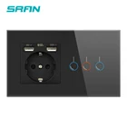 Сенсорный сенсорный выключатель SRAN с розеткой с usb-панелью из хрустального стекла, 146*86, 220 В, 16 А, настенная розетка с выключателем света, 3 комплекта, 1 канал