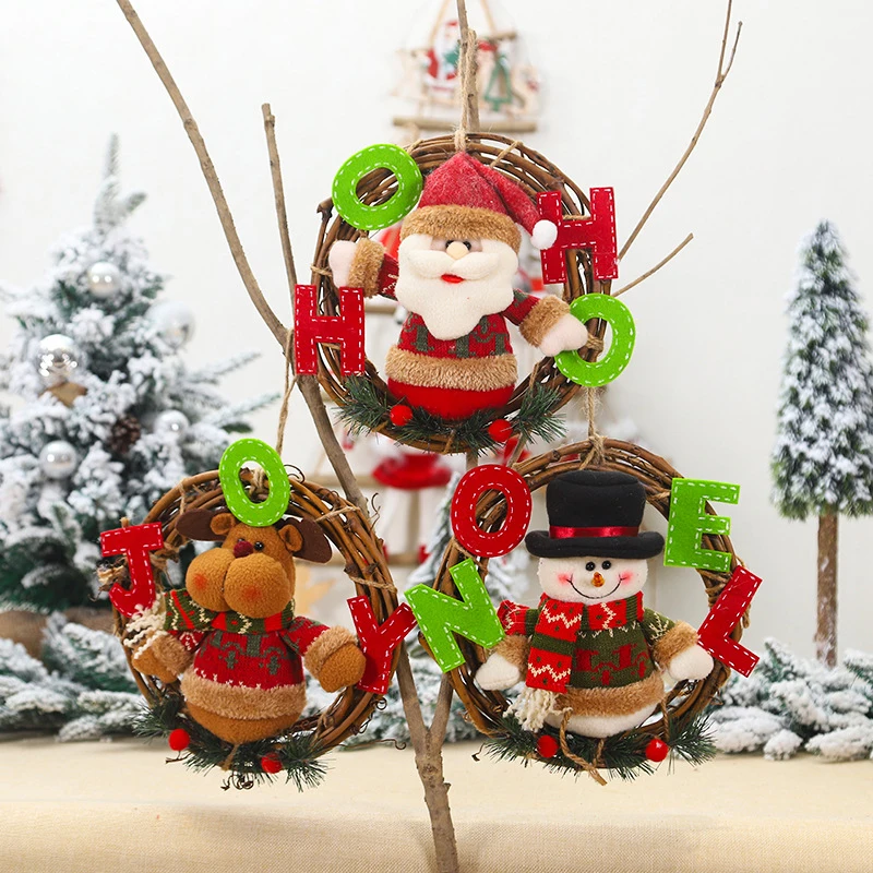 

25cm Christmas Cartoon Santa Snowman Elk Fluffy Doll Toy Wreath Garland New Year Decor Xmas Tree Pendants Rattan Circle Ornament