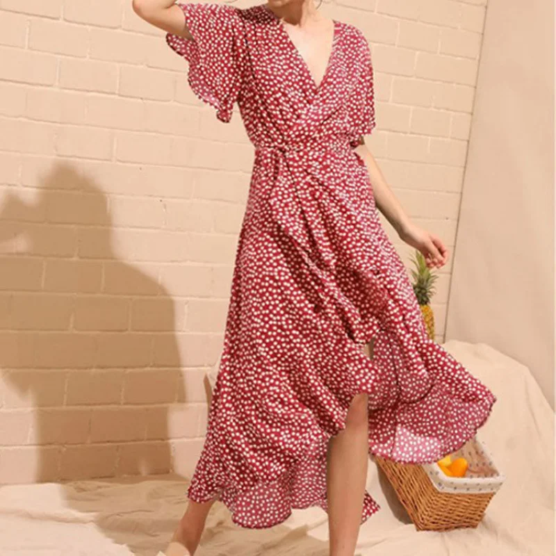 

Maxi Dress Women Floral Print Boho Chiffon Long Dress Ruffles Wrap Robe V-Neck High Split Sexy Party Femme Summer Beach Casual