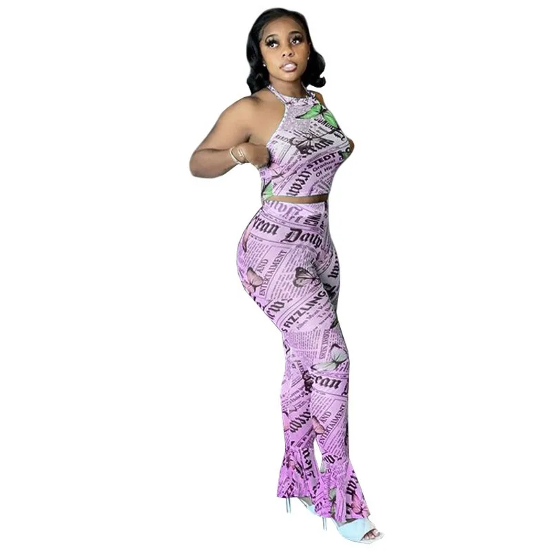 

2021 Summer Women Two Pieces Outfits Fashion Print Halter Neck Sleeveless Short Tops And Flare Pants Sexy Lady Night Club Sets