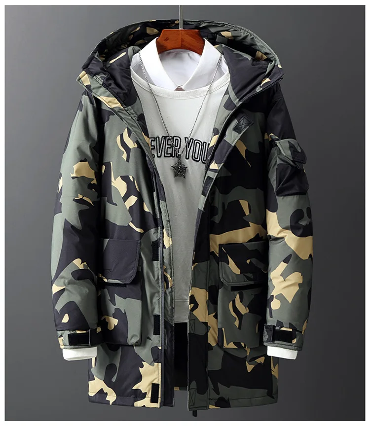 

Winter Warm Camouflage Mens White Duck Down Filling Outdoor Outerwear Hooded Mid-long Thicken Jacket Coat Male Zip Puffer Parka